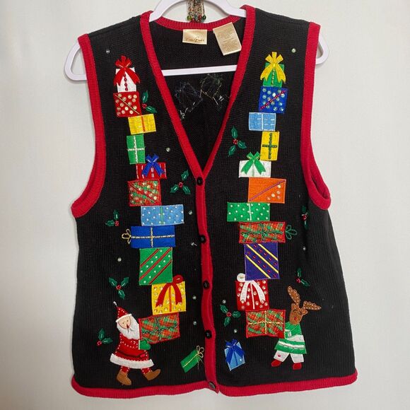 Bobbie Brooks Christmas Vest Santa Reindeer Presents Tree Cardigan Womens L - Picture 1 of 11